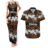 Personalised Cook Islands Rakahanga Couples Matching Tank Maxi Dress and Hawaiian Shirt Tiare Maori Polynesian Waves Tattoo LT14 Orange - Polynesian Pride