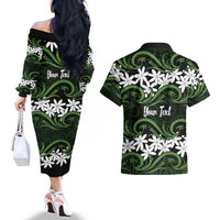 Personalised Cook Islands Palmerston Couples Matching Off The Shoulder Long Sleeve Dress and Hawaiian Shirt Tiare Maori Polynesian Waves Tattoo LT14 - Polynesian Pride