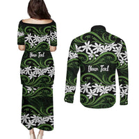 Personalised Cook Islands Palmerston Couples Matching Puletasi and Long Sleeve Button Shirt Tiare Maori Polynesian Waves Tattoo