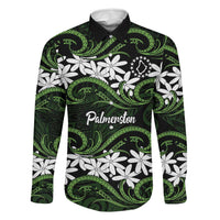 Personalised Cook Islands Palmerston Family Matching Off Shoulder Short Dress and Hawaiian Shirt Tiare Maori Polynesian Waves Tattoo LT14 Dad's Shirt - Long Sleeve Green - Polynesian Pride