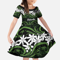 Personalised Cook Islands Palmerston Family Matching Summer Maxi Dress and Hawaiian Shirt Tiare Maori Polynesian Waves Tattoo LT14 Daughter's Dress Green - Polynesian Pride