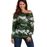 Personalised Cook Islands Palmerston Off Shoulder Sweater Tiare Maori Polynesian Waves Tattoo