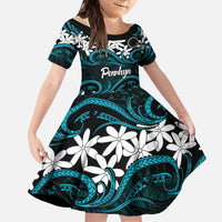 Personalised Cook Islands Penrhyn Atoll Family Matching Off Shoulder Maxi Dress and Hawaiian Shirt Tiare Maori Polynesian Waves Tattoo LT14 Daughter's Dress Blue - Polynesian Pride