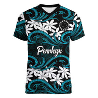 Personalised Cook Islands Penrhyn Atoll Women V-Neck T-Shirt Tiare Maori Polynesian Waves Tattoo LT14 Female Blue - Polynesian Pride
