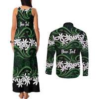 Personalised Cook Islands Mitiaro Couples Matching Tank Maxi Dress and Long Sleeve Button Shirt Tiare Maori Polynesian Waves Tattoo