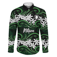 Personalised Cook Islands Mitiaro Family Matching Off Shoulder Maxi Dress and Hawaiian Shirt Tiare Maori Polynesian Waves Tattoo LT14 Dad's Shirt - Long Sleeve Green - Polynesian Pride