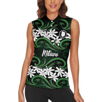 Personalised Cook Islands Mitiaro Women Sleeveless Polo Shirt Tiare Maori Polynesian Waves Tattoo
