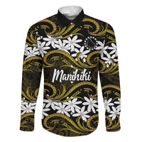 Personalised Cook Islands Manihiki Family Matching Tank Maxi Dress and Hawaiian Shirt Tiare Maori Polynesian Waves Tattoo LT14 Dad's Shirt - Long Sleeve Gold - Polynesian Pride