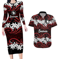 Personalised Cook Islands Atiu Enuamanu Couples Matching Long Sleeve Bodycon Dress and Hawaiian Shirt Tiare Maori Polynesian Waves Tattoo LT14 Red - Polynesian Pride