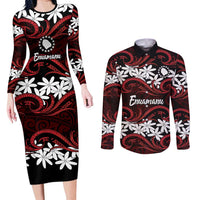 Personalised Cook Islands Atiu Enuamanu Couples Matching Long Sleeve Bodycon Dress and Long Sleeve Button Shirt Tiare Maori Polynesian Waves Tattoo LT14 Red - Polynesian Pride