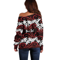 Personalised Cook Islands Atiu Enuamanu Off Shoulder Sweater Tiare Maori Polynesian Waves Tattoo LT14 - Polynesian Pride