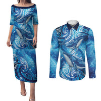 New Zealand Humpback Whale Matariki Couples Matching Puletasi and Long Sleeve Button Shirt Maori New Year Taniko Niho Taniwha LT14 Blue - Polynesian Pride