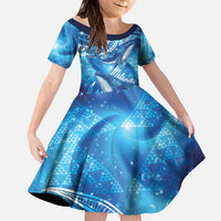 New Zealand Humpback Whale Matariki Kid Short Sleeve Dress Maori New Year Taniko Niho Taniwha LT14 KID Blue - Polynesian Pride