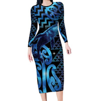 Humpback Whale Matariki New Zealand Long Sleeve Bodycon Dress NZ Maori Paikea Poutama Luxury Blue LT14 Long Dress Blue - Polynesian Pride