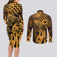 Humpback Whale Matariki New Zealand Couples Matching Long Sleeve Bodycon Dress and Long Sleeve Button Shirt NZ Maori Paikea Poutama Luxury Gold LT14 - Polynesian Pride