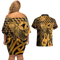 Humpback Whale Matariki New Zealand Couples Matching Off Shoulder Short Dress and Hawaiian Shirt NZ Maori Paikea Poutama Luxury Gold LT14 - Polynesian Pride