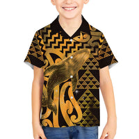 Humpback Whale Matariki New Zealand Family Matching Off Shoulder Maxi Dress and Hawaiian Shirt NZ Maori Paikea Poutama Luxury Gold LT14 Son's Shirt Gold - Polynesian Pride