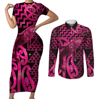 Humpback Whale Matariki New Zealand Couples Matching Short Sleeve Bodycon Dress and Long Sleeve Button Shirt NZ Maori Paikea Poutama Luxury Pink LT14 Pink - Polynesian Pride
