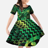 Humpback Whale Matariki New Zealand Family Matching Off Shoulder Maxi Dress and Hawaiian Shirt NZ Maori Paikea Poutama Luxury Green LT14 Daughter's Dress Green - Polynesian Pride
