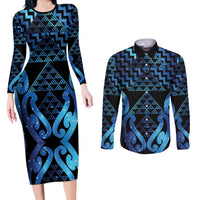 Taniko Motifs Matariki New Zealand Couples Matching Long Sleeve Bodycon Dress and Long Sleeve Button Shirt NZ Niho Taniwha Poutama LT14 Blue - Polynesian Pride