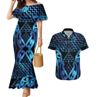 Taniko Motifs Matariki New Zealand Couples Matching Mermaid Dress and Hawaiian Shirt NZ Niho Taniwha Poutama LT14 Blue - Polynesian Pride