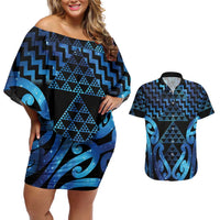 Taniko Motifs Matariki New Zealand Couples Matching Off Shoulder Short Dress and Hawaiian Shirt NZ Niho Taniwha Poutama LT14 Blue - Polynesian Pride