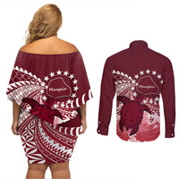 Cook Islands Mangaia Gospel Day Couples Matching Off Shoulder Short Dress and Long Sleeve Button Shirt Polynesian Art With Sea Turtle LT14 - Polynesian Pride