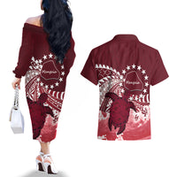 Cook Islands Mangaia Gospel Day Couples Matching Off The Shoulder Long Sleeve Dress and Hawaiian Shirt Polynesian Art With Sea Turtle