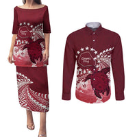 Cook Islands Mangaia Gospel Day Couples Matching Puletasi and Long Sleeve Button Shirt Polynesian Art With Sea Turtle LT14 Maroon - Polynesian Pride