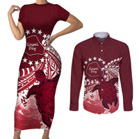 Cook Islands Mangaia Gospel Day Couples Matching Short Sleeve Bodycon Dress and Long Sleeve Button Shirt Polynesian Art With Sea Turtle