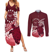 Cook Islands Mangaia Gospel Day Couples Matching Summer Maxi Dress and Long Sleeve Button Shirt Polynesian Art With Sea Turtle LT14 Maroon - Polynesian Pride