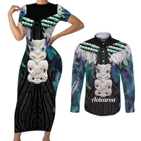 Aotearoa Korowai Motif Couples Matching Short Sleeve Bodycon Dress and Long Sleeve Button Shirt Hei Tiki Poutama Maori Pattern