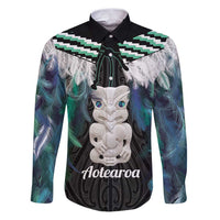 Aotearoa Korowai Motif Family Matching Puletasi and Hawaiian Shirt Hei Tiki Poutama Maori Pattern LT14 Dad's Shirt - Long Sleeve Turquoise - Polynesian Pride