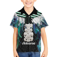 Aotearoa Korowai Motif Family Matching Puletasi and Hawaiian Shirt Hei Tiki Poutama Maori Pattern LT14 Son's Shirt Turquoise - Polynesian Pride