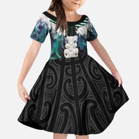 Aotearoa Korowai Motif Family Matching Short Sleeve Bodycon Dress and Hawaiian Shirt Hei Tiki Poutama Maori Pattern LT14 Daughter's Dress Turquoise - Polynesian Pride