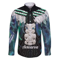 Aotearoa Korowai Motif Family Matching Short Sleeve Bodycon Dress and Hawaiian Shirt Hei Tiki Poutama Maori Pattern LT14 Dad's Shirt - Long Sleeve Turquoise - Polynesian Pride