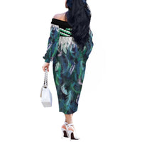 Aotearoa Korowai Motif Off The Shoulder Long Sleeve Dress Hei Tiki Poutama Maori Pattern