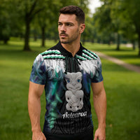 Aotearoa Korowai Motif Zipper Polo Shirt Hei Tiki Poutama Maori Pattern - Polynesian Pride