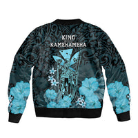Polynesian Pride King Kamehameha Day Hawaii Sleeve Zip Bomber Jacket Polynesia Tribal Kanaka And Hibiscus Turquoise LT14 - Polynesian Pride