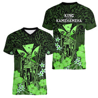 Polynesian Pride King Kamehameha Day Hawaii Women V Neck T Shirt Polynesia Tribal Kanaka And Hibiscus Green LT14 - Polynesian Pride