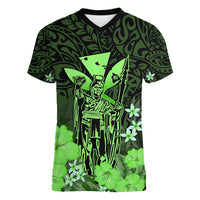 Personalised King Kamehameha Day Hawaii Women V Neck T Shirt Polynesia Tribal Kanaka And Hibiscus Green LT14 Female Green - Polynesian Pride