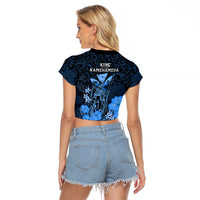 Polynesian Pride King Kamehameha Day Hawaii Raglan Cropped T Shirt Polynesia Tribal Kanaka And Hibiscus Blue LT14 - Polynesian Pride