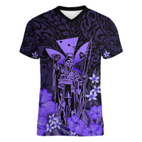 Personalised King Kamehameha Day Hawaii Women V Neck T Shirt Polynesia Tribal Kanaka And Hibiscus Purple LT14 Female Purple - Polynesian Pride