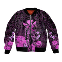 Personalised King Kamehameha Day Hawaii Sleeve Zip Bomber Jacket Polynesia Tribal Kanaka And Hibiscus Pink LT14 Unisex Pink - Polynesian Pride
