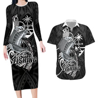 Guam Blue Marlin Fishing Couples Matching Long Sleeve Bodycon Dress and Hawaiian Shirt Guahan Fish Hook Tattoo Black Version LT14 Black - Polynesian Pride