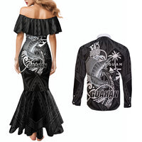 Guam Blue Marlin Fishing Couples Matching Mermaid Dress and Long Sleeve Button Shirt Guahan Fish Hook Tattoo Black Version