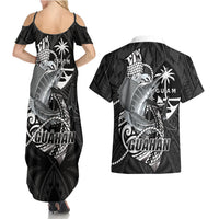 Guam Blue Marlin Fishing Couples Matching Summer Maxi Dress and Hawaiian Shirt Guahan Fish Hook Tattoo Black Version