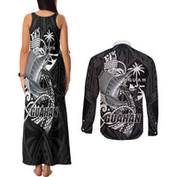 Guam Blue Marlin Fishing Couples Matching Tank Maxi Dress and Long Sleeve Button Shirt Guahan Fish Hook Tattoo Black Version