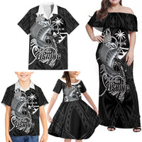 Guam Blue Marlin Fishing Family Matching Off Shoulder Maxi Dress and Hawaiian Shirt Guahan Fish Hook Tattoo Black Version LT14 - Polynesian Pride