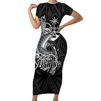 Guam Blue Marlin Fishing Family Matching Short Sleeve Bodycon Dress and Hawaiian Shirt Guahan Fish Hook Tattoo Black Version LT14 Mom's Dress Black - Polynesian Pride